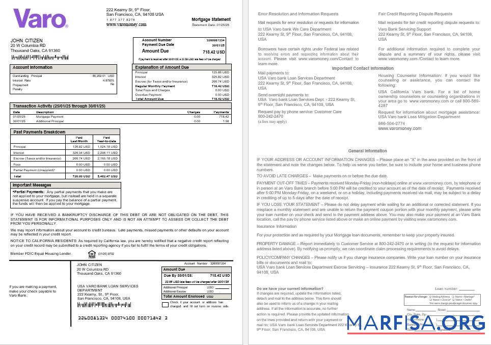 Realistic USA California Varo bank mortgage statement in Word and PDF formats template